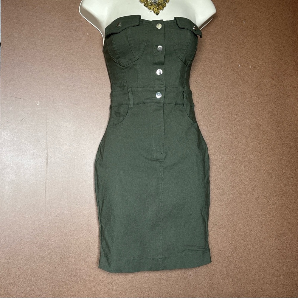 Fashion Nova Olive Green Strapless Cargo Mini Dress Small Utility Sexy Bodycon